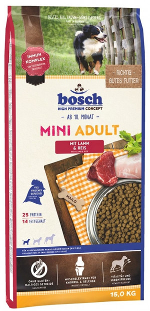 BOSCH Adult Mini Lamb & Rice - sausā barība suņiem 15kg Cena norādīta par 1 gb. un ir spēkā pasūtot 2 gb.